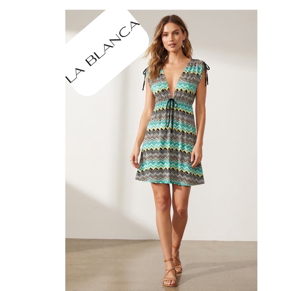 La Blanca Chevron Zigzag Swim Cover Up Dress Teal Lime Black Small Resortwear